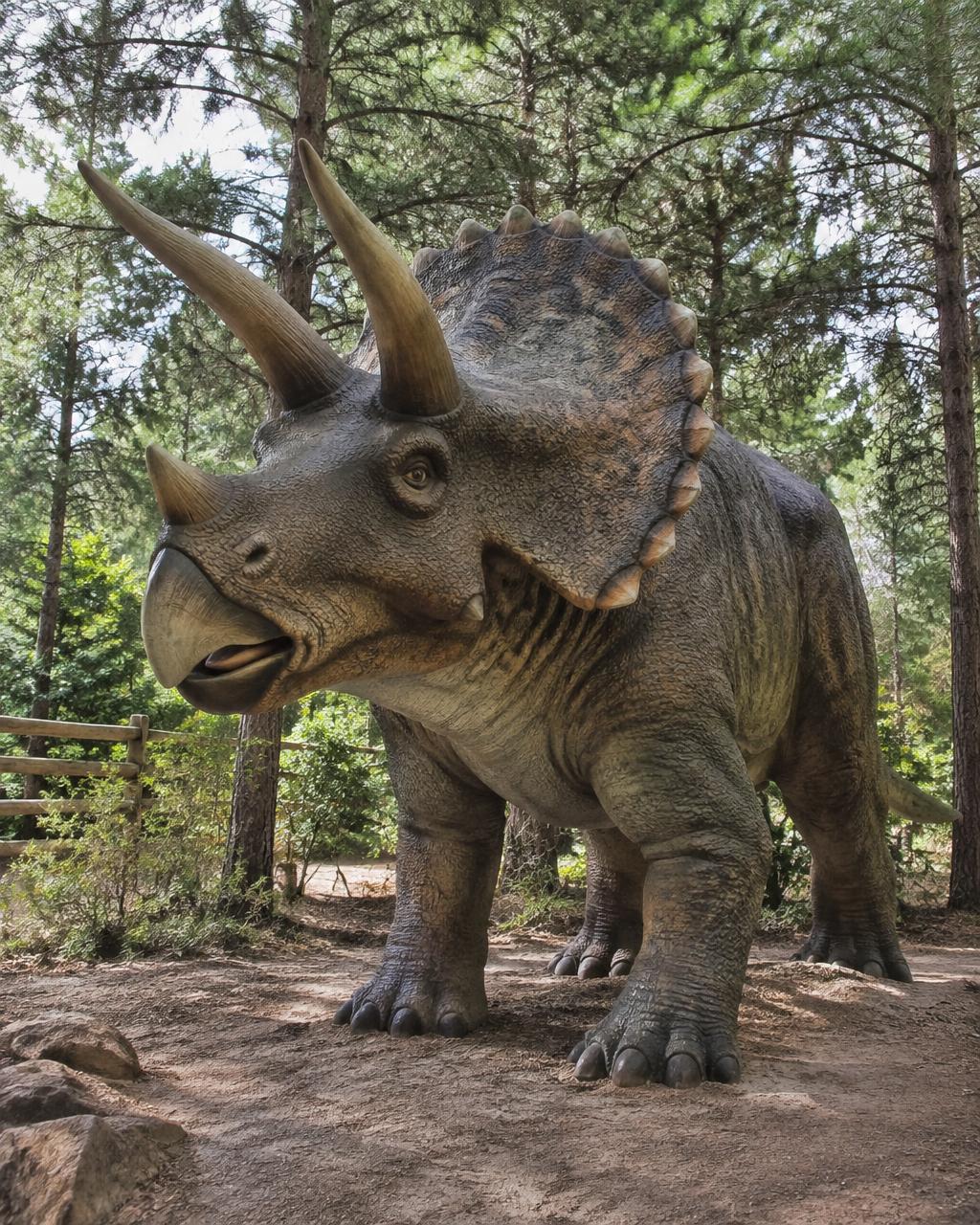 Triceratops entre árboles en un paisaje mediterráneo