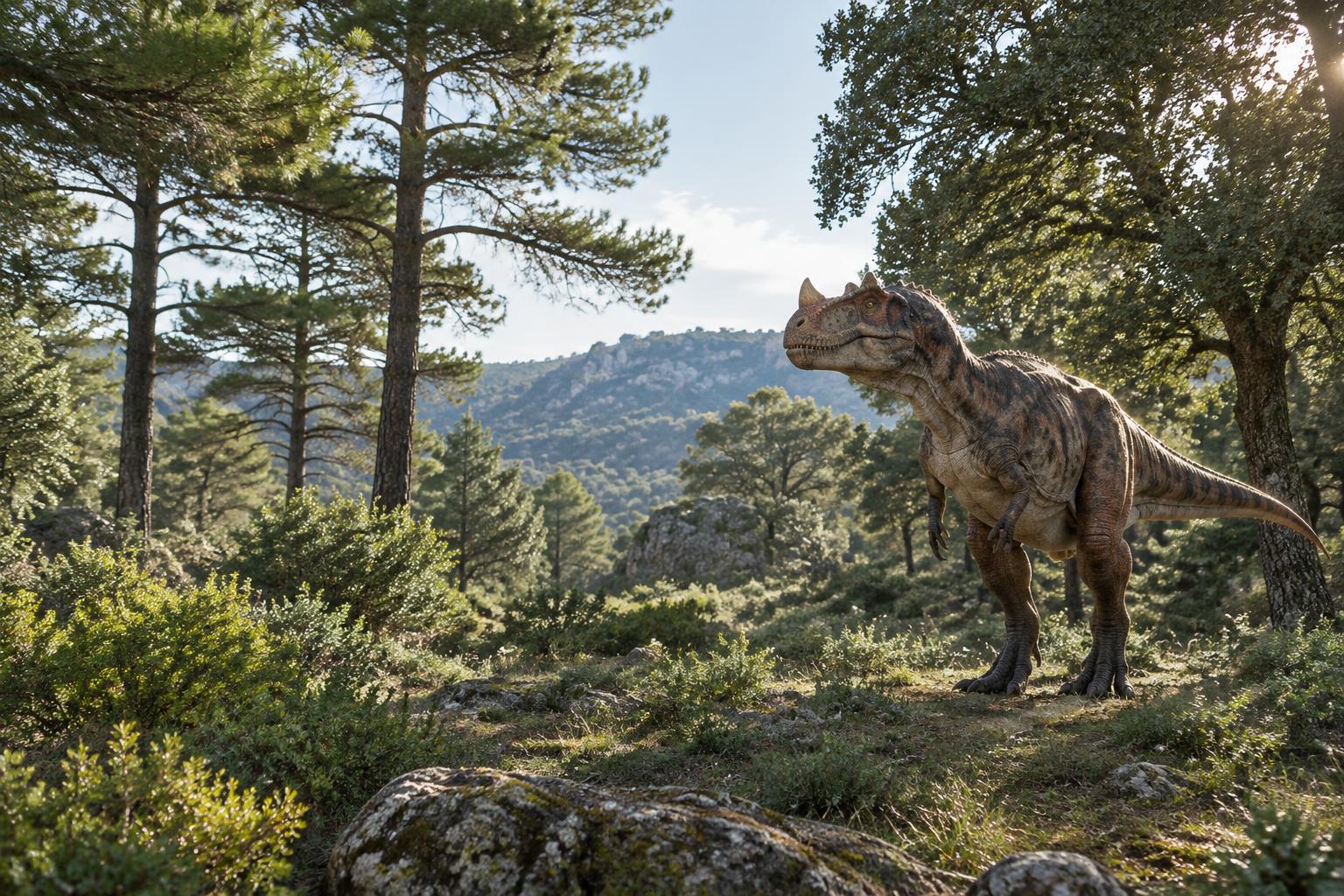 Escena ilustrada de Ceratosaurus en bosque mediterráneo